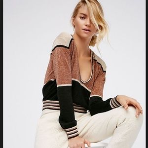 Free People Deep V Gold Dust Lurex Pullover Sweate